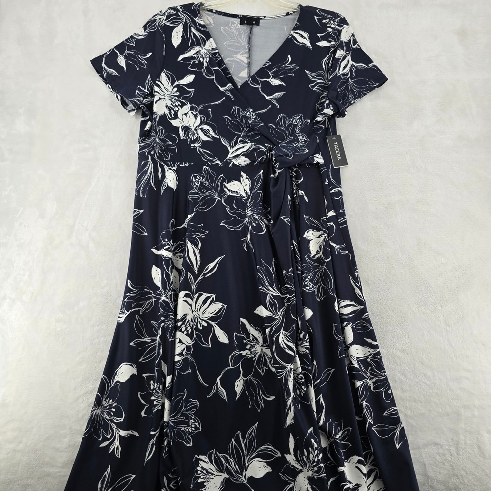 TACERA Maxi Dress Womens L Faux Wrap Navy Blue White Floral Short Sleeve NWT